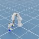 A simulated Franka robot arm reaching toward a blue block on a grid, supplied by CoreWeave.