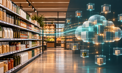 Conceptual illustration connecting retail shelves with enterprise cloud data and inventory intelligence.