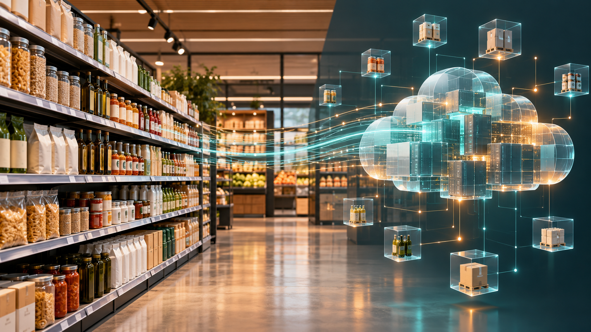 Conceptual illustration connecting retail shelves with enterprise cloud data and inventory intelligence.
