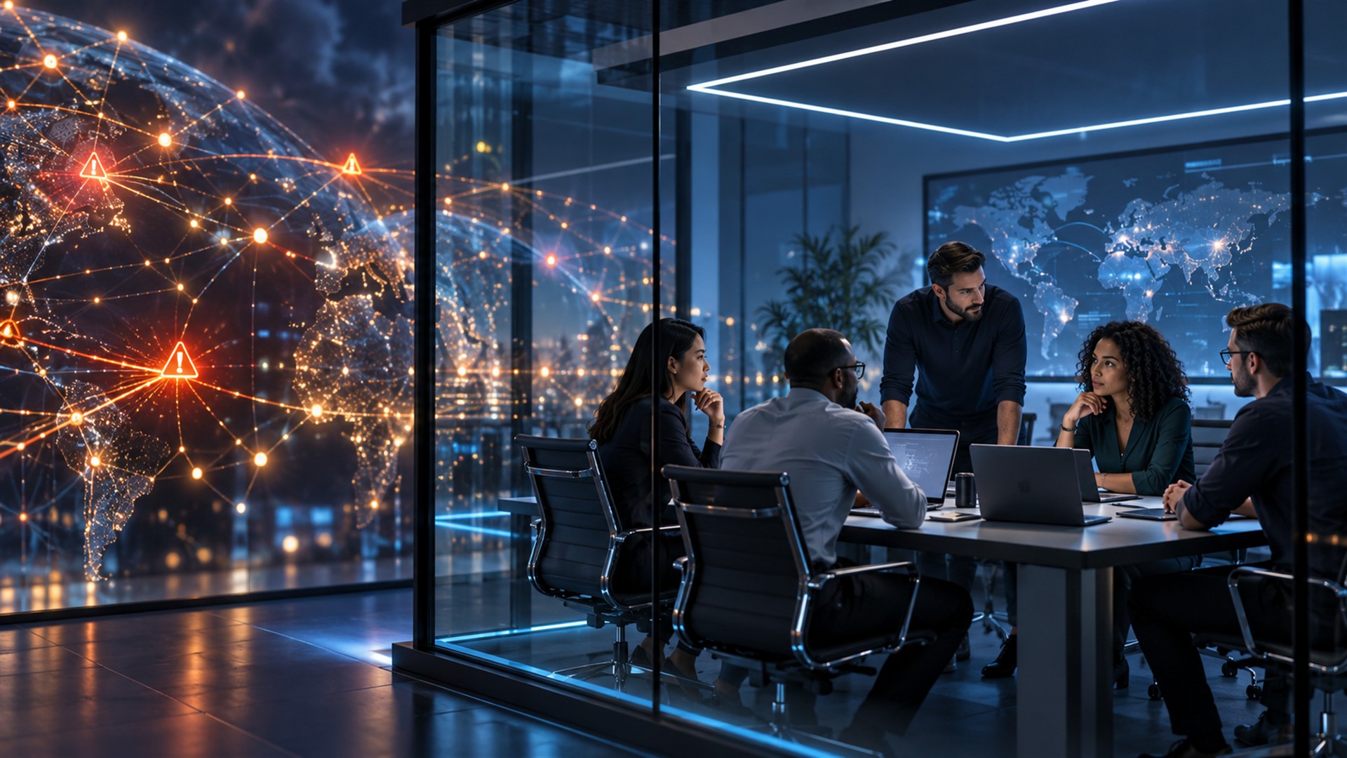 Conceptual illustration of an incident response team coordinating in a secure room beside an AI network.