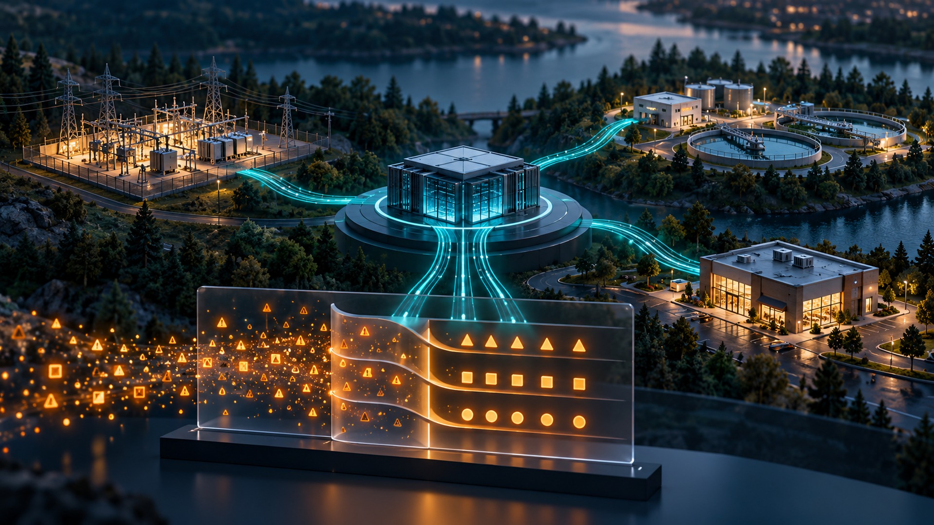 Conceptual illustration of shared cyber threat intelligence reaching utilities and small businesses.