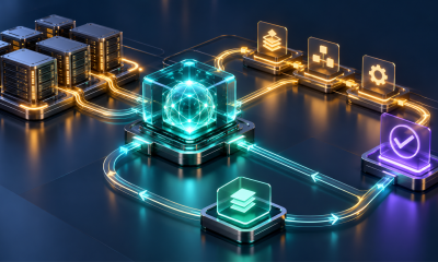 Conceptual illustration connecting enterprise infrastructure, AI orchestration, approvals and verification.
