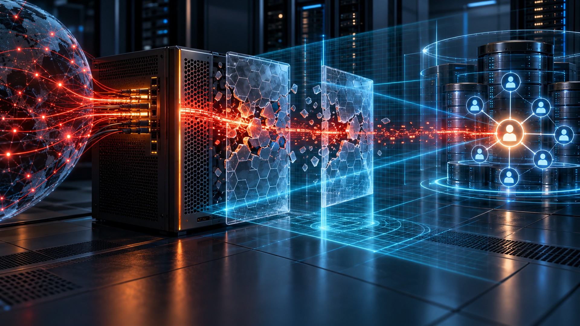 Layered firewall compromise reaching identity infrastructure — AI-generated illustration