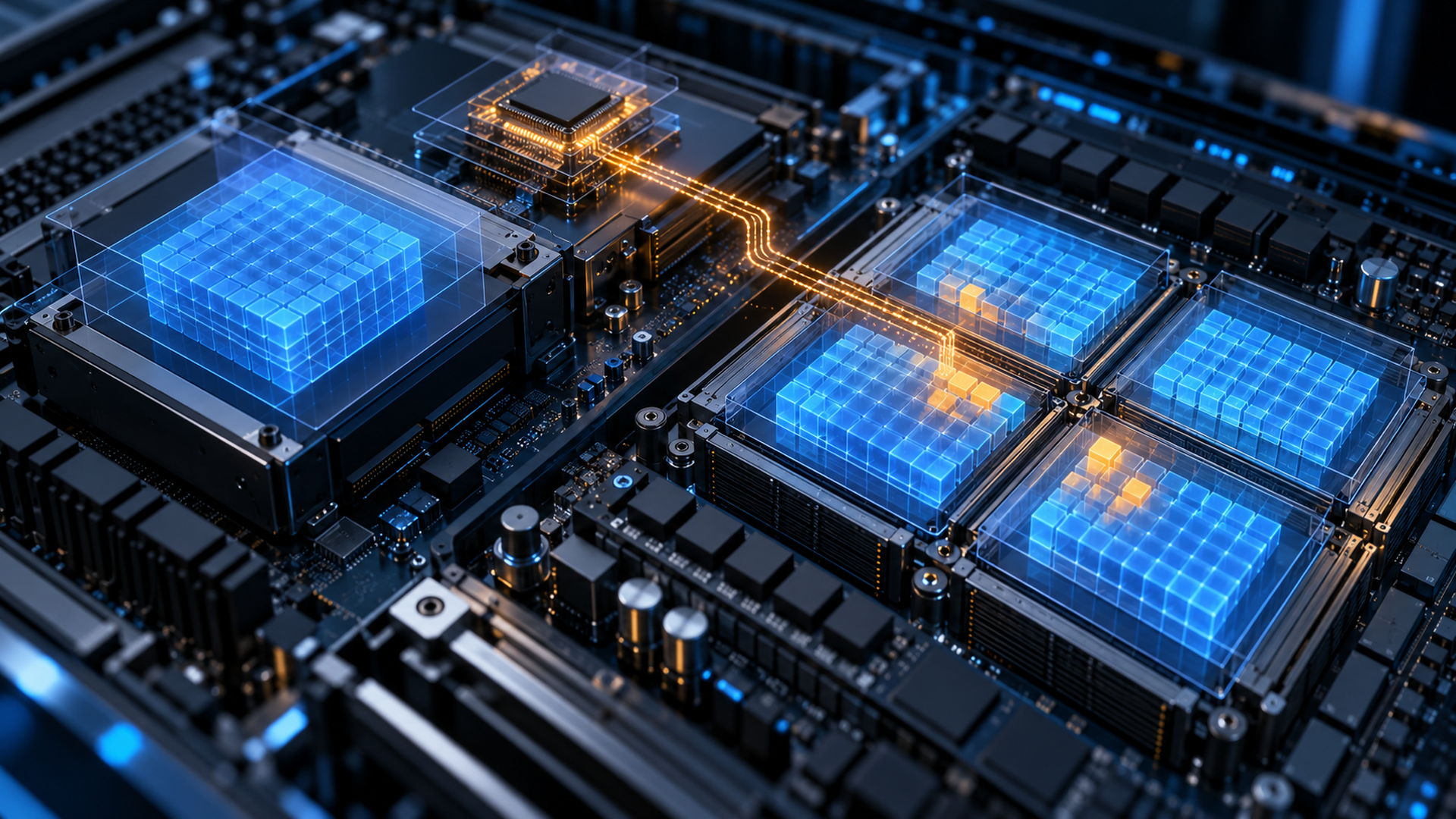 Conceptual illustration of altered runtime model memory reached through an infrastructure processor while stored data remains unchanged.