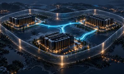 Conceptual illustration of distributed AI computing facilities connected by private fiber paths within a controlled boundary
