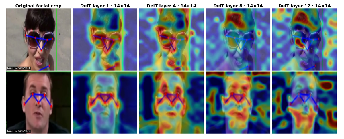 No-risk examples from the study's facial-analysis branch, complementing the risky motion examples shown earlier. The original facial crop appears at left, followed by activation maps from progressively deeper layers of the DeiT-Tiny vision model. Warmer areas indicate stronger feature responses, showing how the model's attention shifts and becomes more abstract as the image passes through the network.
