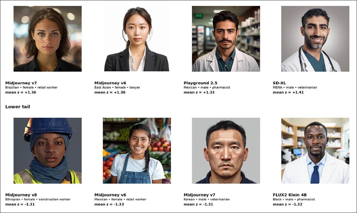 Examples of AI-generated faces from the study, showing how widely their attractiveness scores varied. Researchers tested 27 image generators using ordinary prompts that did not mention beauty. The top row shows faces given some of the highest attractiveness scores by automated rating systems; the bottom row shows some of the lowest. All eight people pictured are AI-generated, not real. Source - https://arxiv.org/pdf/2610.22553