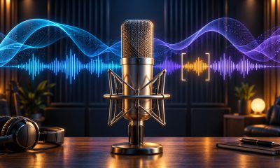 Conceptual recording studio illustration with a microphone and a highlighted segment of an AI audio waveform