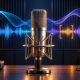 Conceptual recording studio illustration with a microphone and a highlighted segment of an AI audio waveform