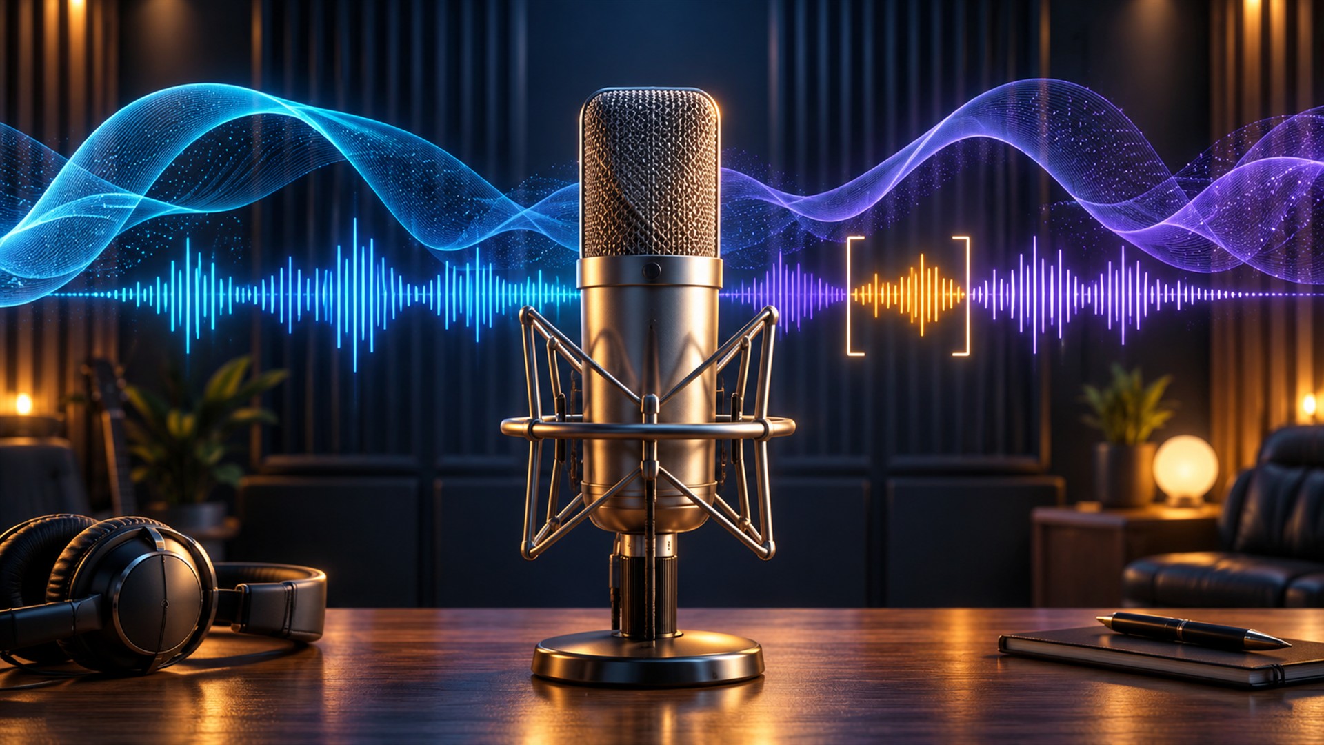 Conceptual recording studio illustration with a microphone and a highlighted segment of an AI audio waveform