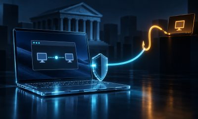 Conceptual illustration of a fraudulent remote-access connection targeting a banking laptop.