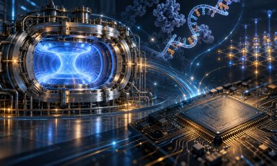 Conceptual illustration connecting a fusion reactor, silicon chip, RNA structures, and quantum research through AI.