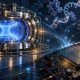 Conceptual illustration connecting a fusion reactor, silicon chip, RNA structures, and quantum research through AI.