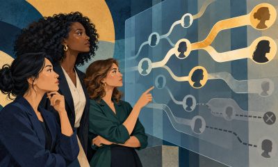 AI-generated illustration of women examining branching algorithmic decisions.