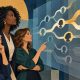 AI-generated illustration of women examining branching algorithmic decisions.
