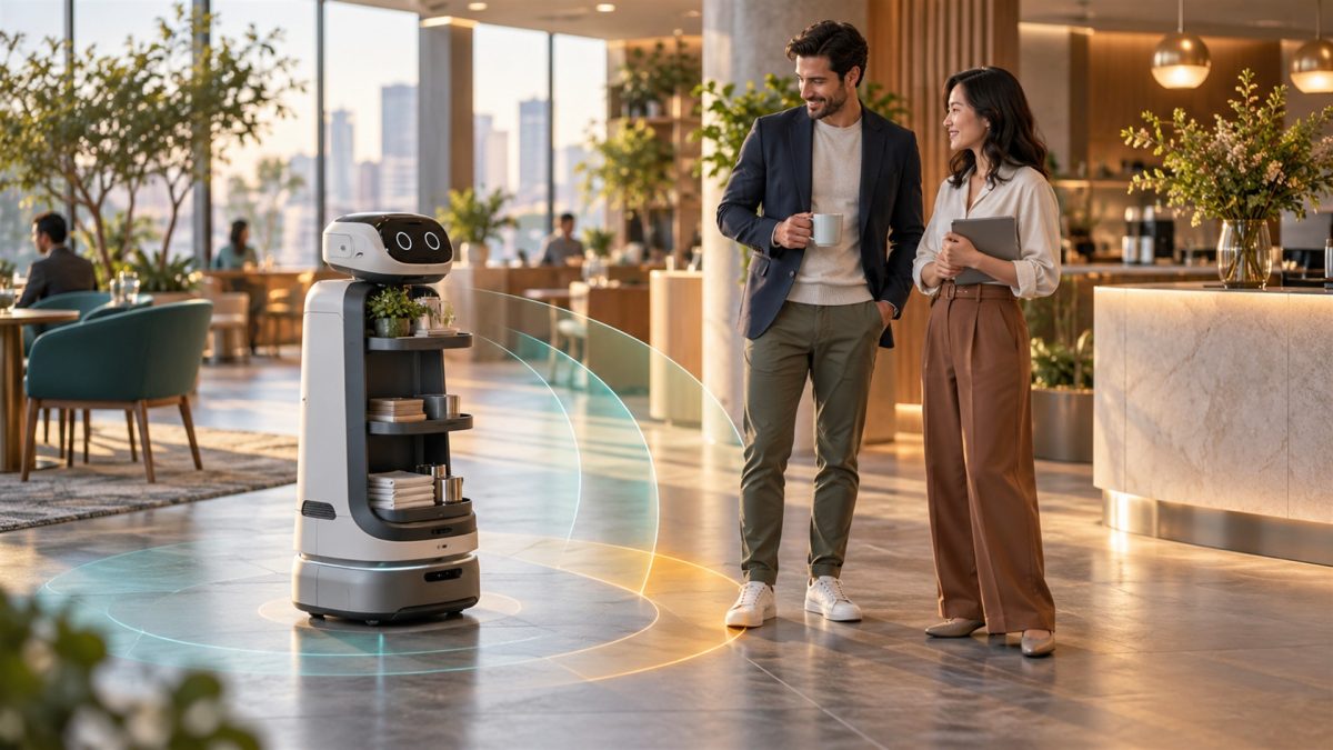 AI-generated conceptual illustration of a service robot coordinating with people; not an actual GMEX robot.