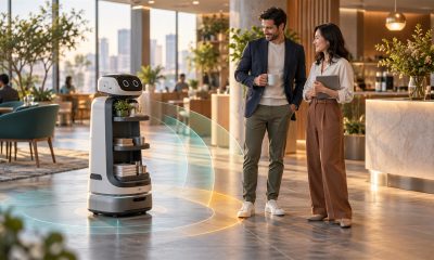 AI-generated conceptual illustration of a service robot coordinating with people; not an actual GMEX robot.