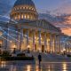 Neoclassical government building at dusk with glowing data lines across the facade
