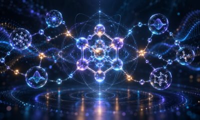 Conceptual illustration of a molecular structure connected to a network of AI research workflow nodes
