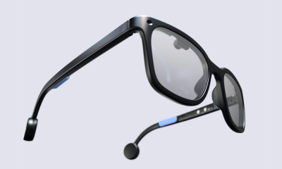 Official product render of Brilliant Labs Halo smartglasses with display optics and bone conduction audio.