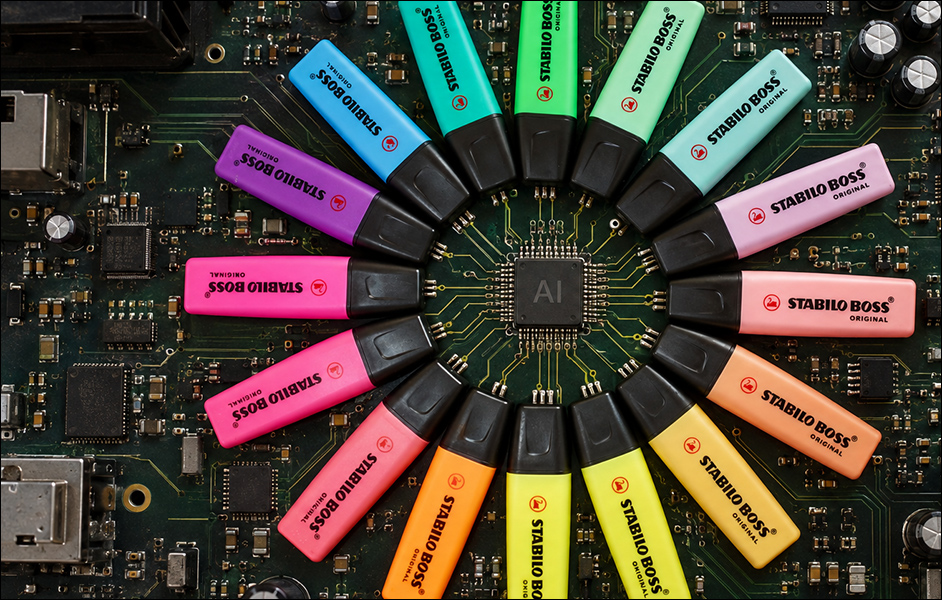 An original Unsplash illustration by Kim R-K, titled 'sunshine of highlighters', integrated by GPT Image 2 into an AI-illustrated/augmented depiction of a circuit board with 'AI' shown at the center of a 'flower' arrangement of Stabilo highlighters. Image: https://unsplash.com/photos/a-circle-of-different-colored-batteries-on-a-table-FfvAgzGnoco License: https://unsplash.com/license