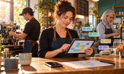 AI-generated illustration of a cafe owner reviewing a staff schedule while employees prepare for opening