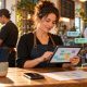 AI-generated illustration of a cafe owner reviewing a staff schedule while employees prepare for opening