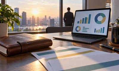 Finance dashboard on a laptop beside a leather ledger and printed charts