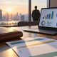 Finance dashboard on a laptop beside a leather ledger and printed charts