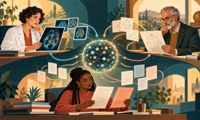 Editorial illustration of specialists in medicine, mathematics and language reviewing AI outputs in connected workspaces.