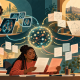 Editorial illustration of specialists in medicine, mathematics and language reviewing AI outputs in connected workspaces.