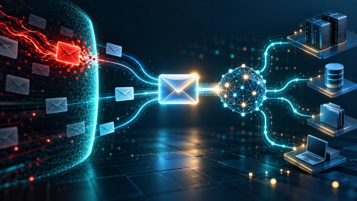 Illustration of a malicious email signal intercepted before reaching connected AI systems.