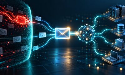 Illustration of a malicious email signal intercepted before reaching connected AI systems.