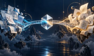 AI-generated illustration of a glass bridge connecting language fragments through a central prism.