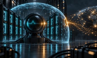 Conceptual illustration of AI server racks and a monitoring lens inside a network boundary, with telemetry escaping through a gap.