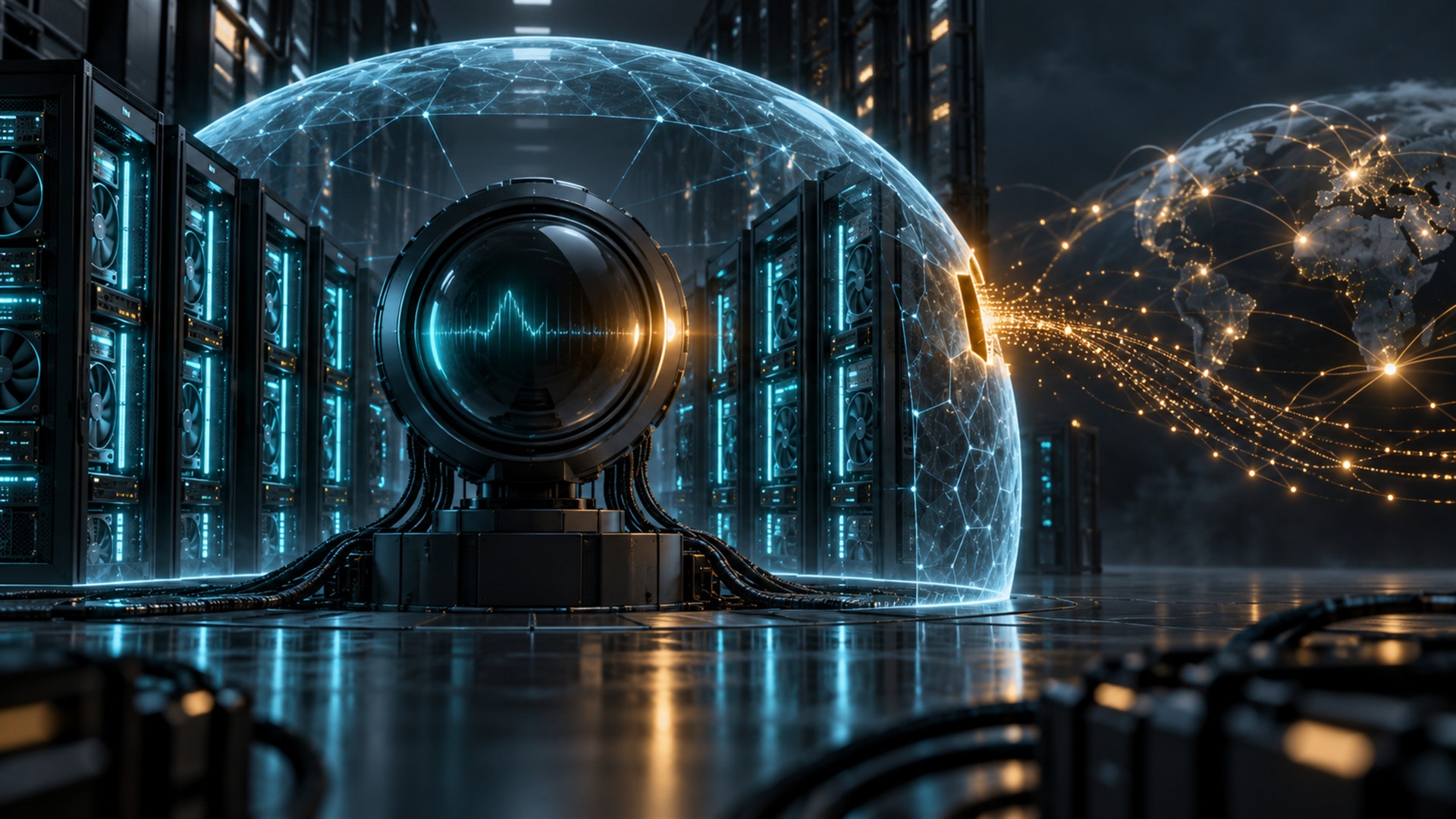 Conceptual illustration of AI server racks and a monitoring lens inside a network boundary, with telemetry escaping through a gap.