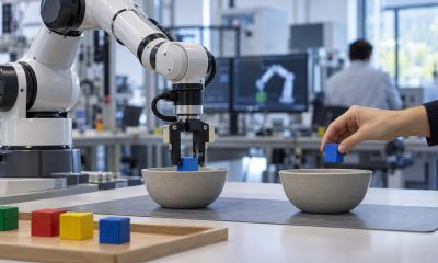 Robot arm placing a block into a bowl beside a human hand demonstrating the task