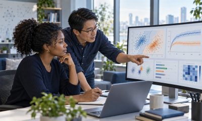 Data scientists comparing machine learning experiments and model evaluation charts