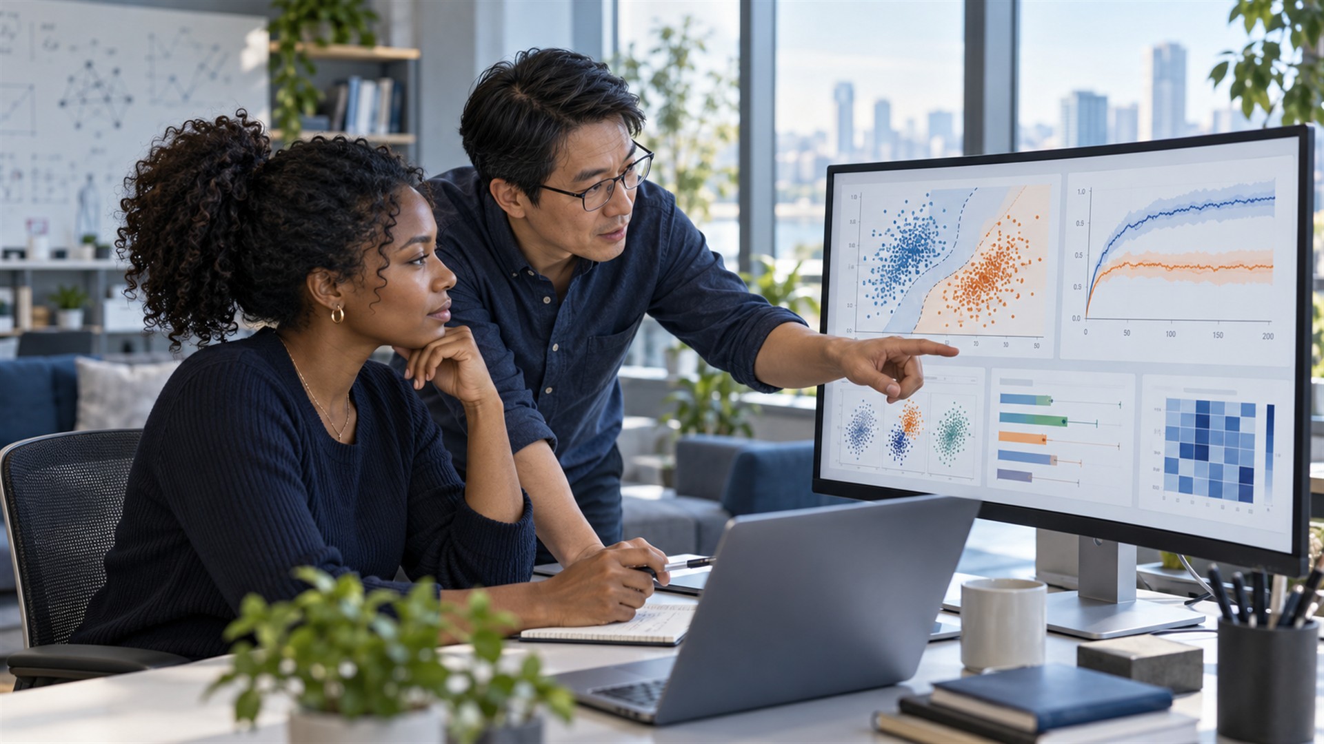 Data scientists comparing machine learning experiments and model evaluation charts