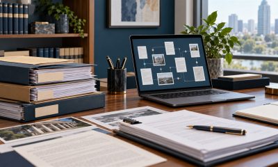AI-generated illustration of case documents and an evidence relationship diagram in a law office.