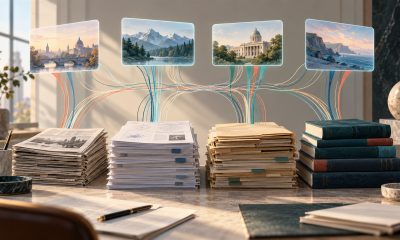 Different web source categories feeding four AI citation systems — AI-generated illustration