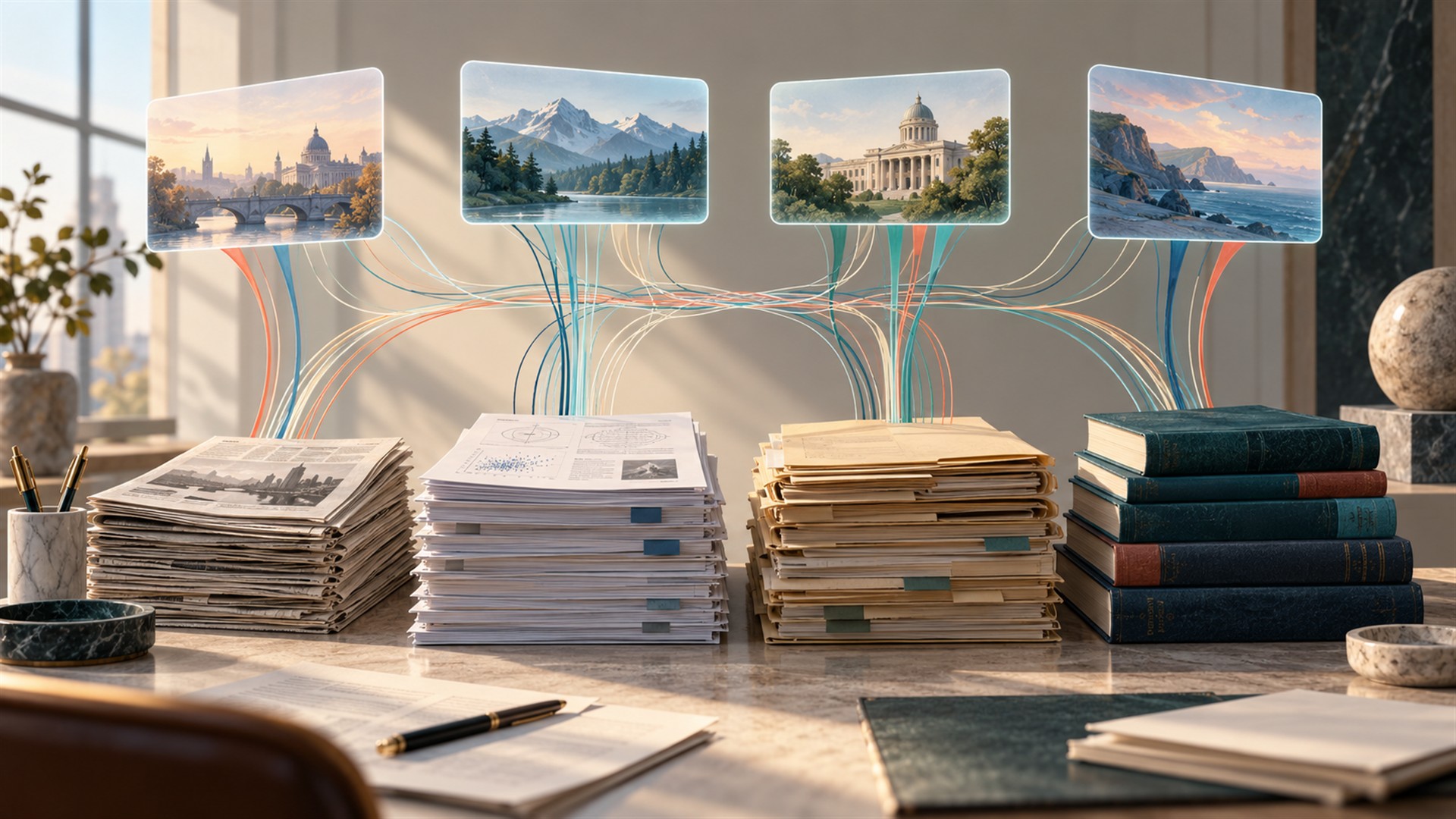 Different web source categories feeding four AI citation systems — AI-generated illustration