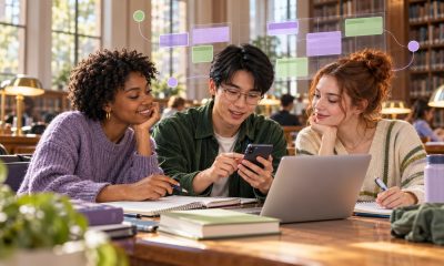 AI-generated illustration of college students coordinating coursework and schedules.
