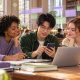 AI-generated illustration of college students coordinating coursework and schedules.