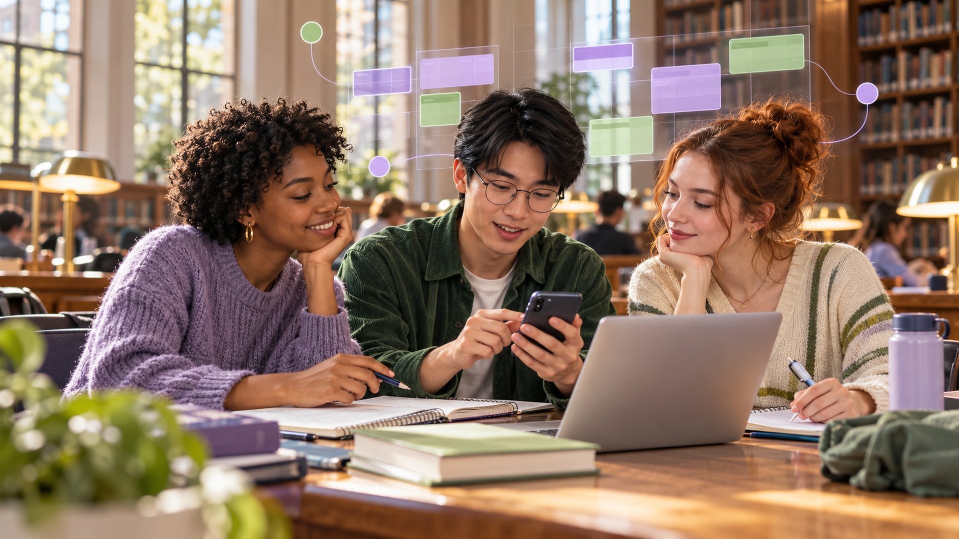 AI-generated illustration of college students coordinating coursework and schedules.