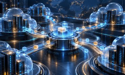 Conceptual AI-generated illustration of cloud server clusters connected through a central workload management hub