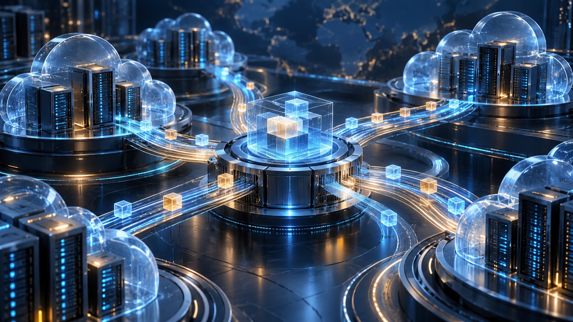 Conceptual AI-generated illustration of cloud server clusters connected through a central workload management hub