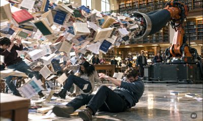 AI-generated image (GPT Image 2): chaotic scene in a university library lined with bookshelves, where a large industrial robotic arm blasts a torrent of books, journals and loose papers through a wide hose. Several adults are knocked off balance or fall to the floor, while others watch from behind desks. Scattered printed materials cover the floor.
