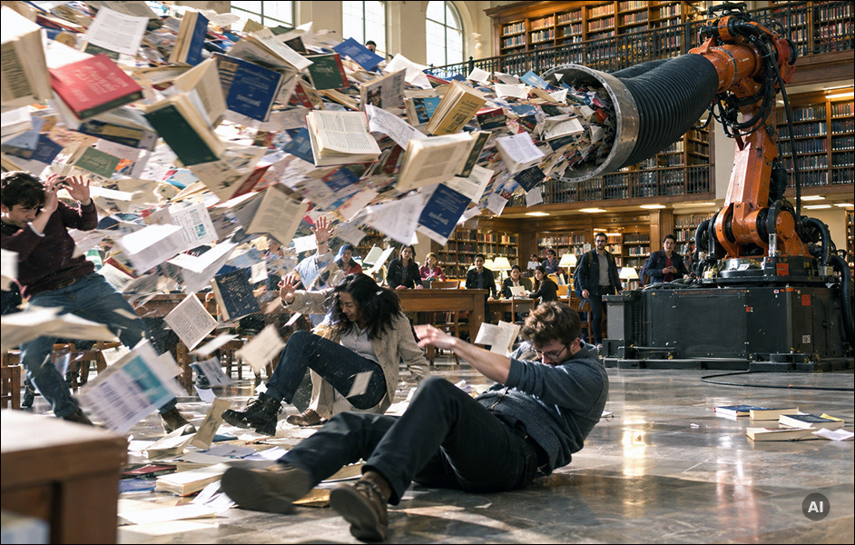 AI-generated image (GPT Image 2): chaotic scene in a university library lined with bookshelves, where a large industrial robotic arm blasts a torrent of books, journals and loose papers through a wide hose. Several adults are knocked off balance or fall to the floor, while others watch from behind desks. Scattered printed materials cover the floor.