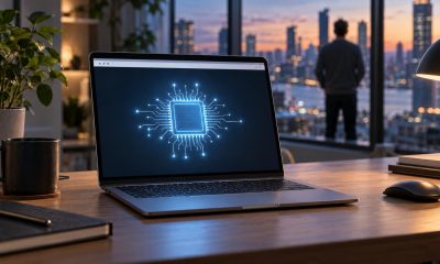 Laptop on a desk showing a browser window with a glowing chip icon
